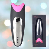 Image of a sleek, modern masturbator with a black and silver body and a pink tip next to its box packaging, which shows the same device labeled "Maia Piper Multi-Function Rechargeable Male Masturbator." The background features soft, circular bokeh lights in various pastel shades. The Maia Toys Piper offers 15 vibration suction settings for an unparalleled experience.